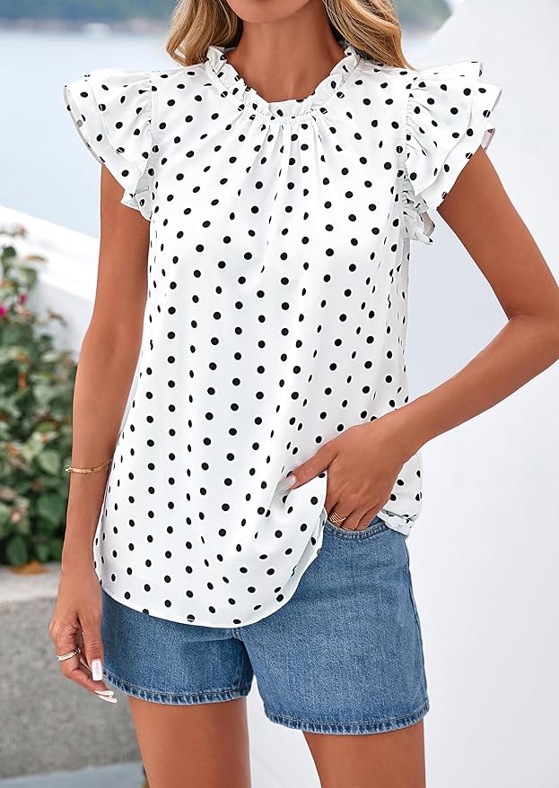 PRETTYGARDEN Women's Ruffle Short Sleeve Summer Tops 2026 Trendy Floral Trim Neck Casual Dressy Chiffon Boho Blouses Shirts