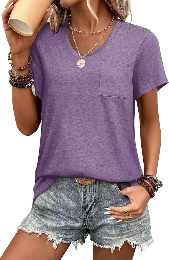WIHOLL Women Summer T Shirts Short Sleeve Rounded V Neck Pocket Tee Tops