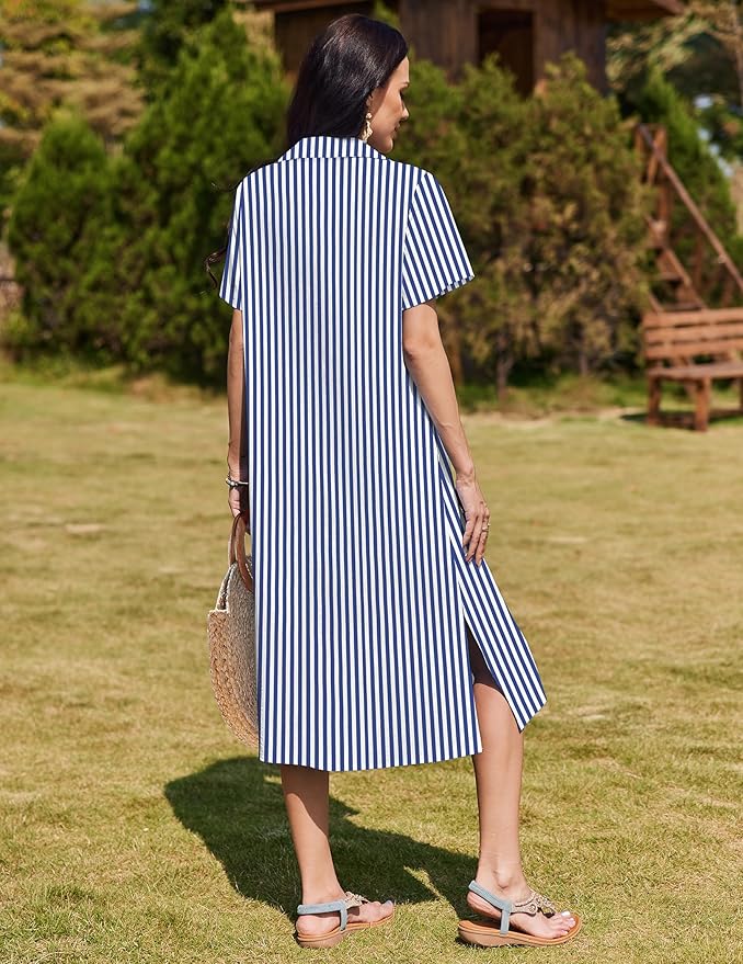 HOTOUCH Womens Dress Summer Casual Midi Short Sleeve Button Down Shirt Dresses Loose Beach Cover Up with Pockets