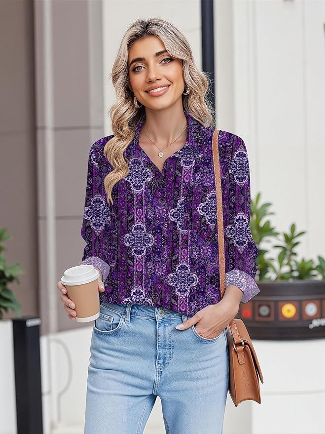 HOTOUCH Button Down Shirts for Women Long Sleeve Blouse Dressy Casual Business Work Tops with Pocket