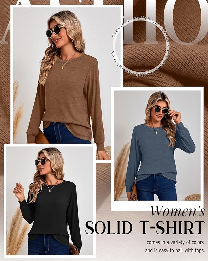 Ficerd 3 Pack Women's Long Sleeve Shirts, Cotton Crew Neck Tunic Tops Casual Loose Fit Pullover Sweatshirts Curved Hem Shirts