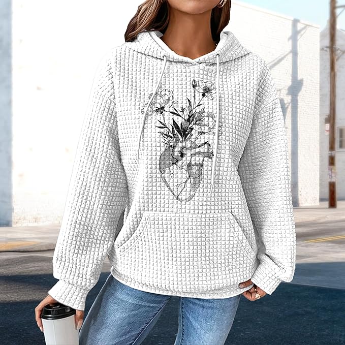 domirica Pullover Sweatshirts For Women Drawstring Long Sleeve Waffle Sweatshirt With Pocket Vintage Street Wear Qutfits