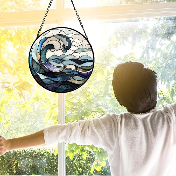 Stained Glass Window Hanging, Ocean Waves Sun Catchers Diamond Glass Panel Hangings Abstract Suncatcher Decor for Birthday for Women, Men, Wife, Aunt, and Mom 7.8 in