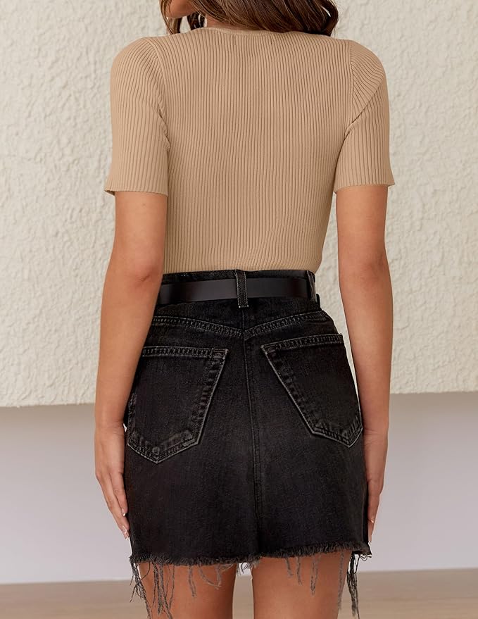 ZESICA Women's Short Sleeve Sweater Tops 2026 Summer Crewneck T Shirt Ribbed Knit Slim Fit Basic Solid Color Tee