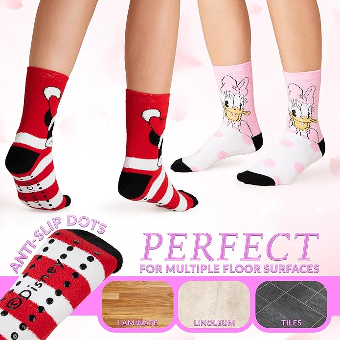 Disney Slippers Socks for Women & Teens US Size 4-9, Pack of 2 Non Slip Fleece Winter Socks, Soft & Fluffy, Gifts for Her