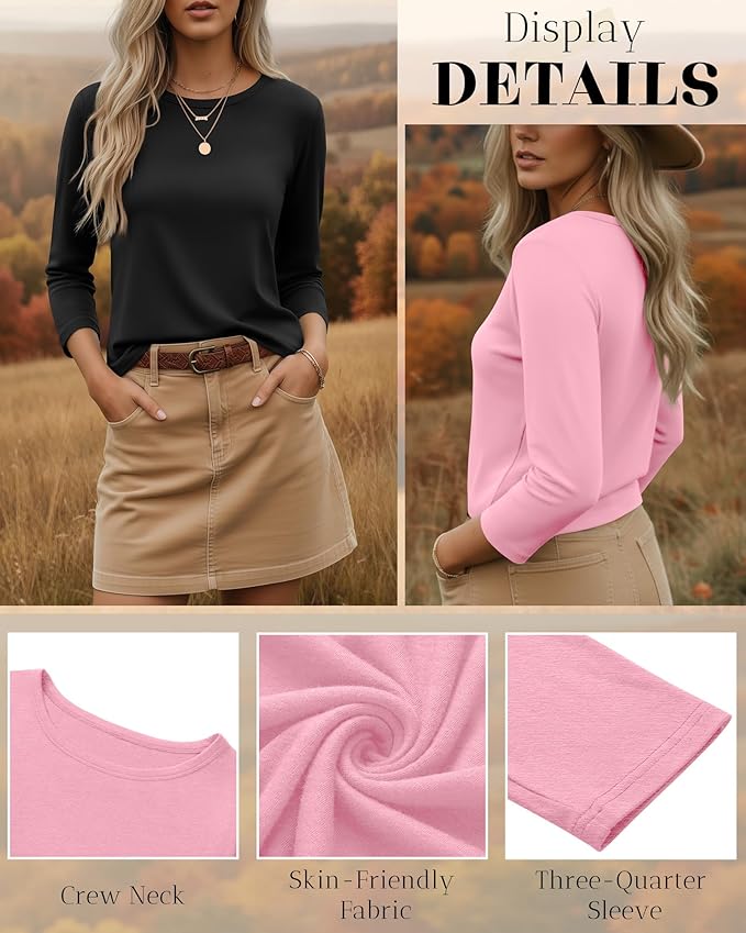 Ficerd 3 Pack 3/4 Sleeve Tops for Women Round Neck Dressy Basics Tees Casual Trendy Loose Fit T Shirts