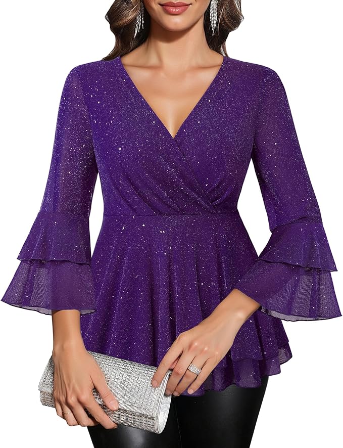 Lotusmile Women's Dressy Blouses Ruffle 3/4 Sleeve Peplum Sparkly Tops