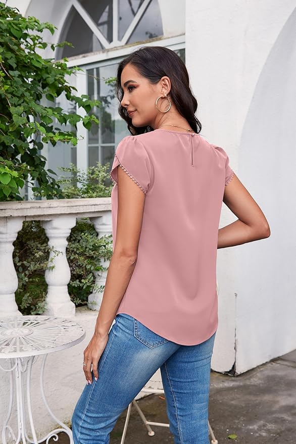 TASAMO Women's Casual Round Neck Basic Pleated Top Cap Sleeve Curved Keyhole Back Chiffon Blouse