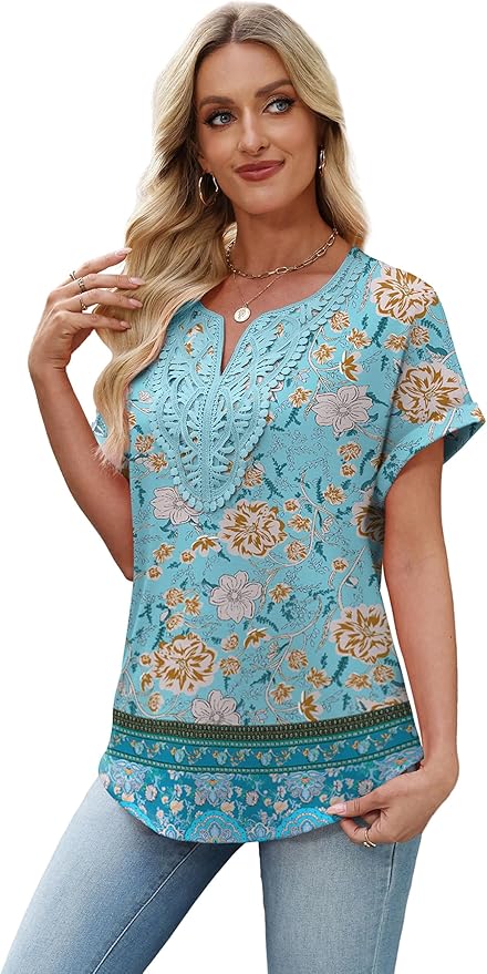 Sipaya Womens Blouses Dressy Casual Summer Shirts Short Sleeve Lace Front Boho Tunic Tops for Leggings Fashion Clothes