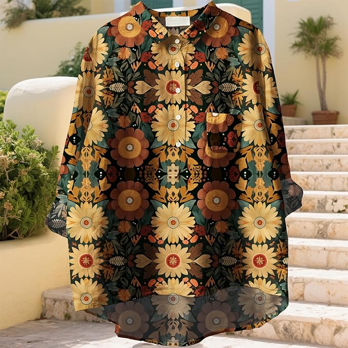 Women Funny Graphic Long Sleeve Floral Blouses Plus Size Button Shirts Casual Cute Vneck Fall Tunic Tops Trendy