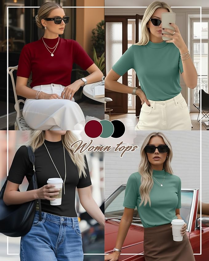 Ficerd 3 Pack Women's 1/2 Sleeve Mock Turtleneck Shirts, Elbow Length Shirt Half Sleeve Tunic Top Casual Summer Basic Tees
