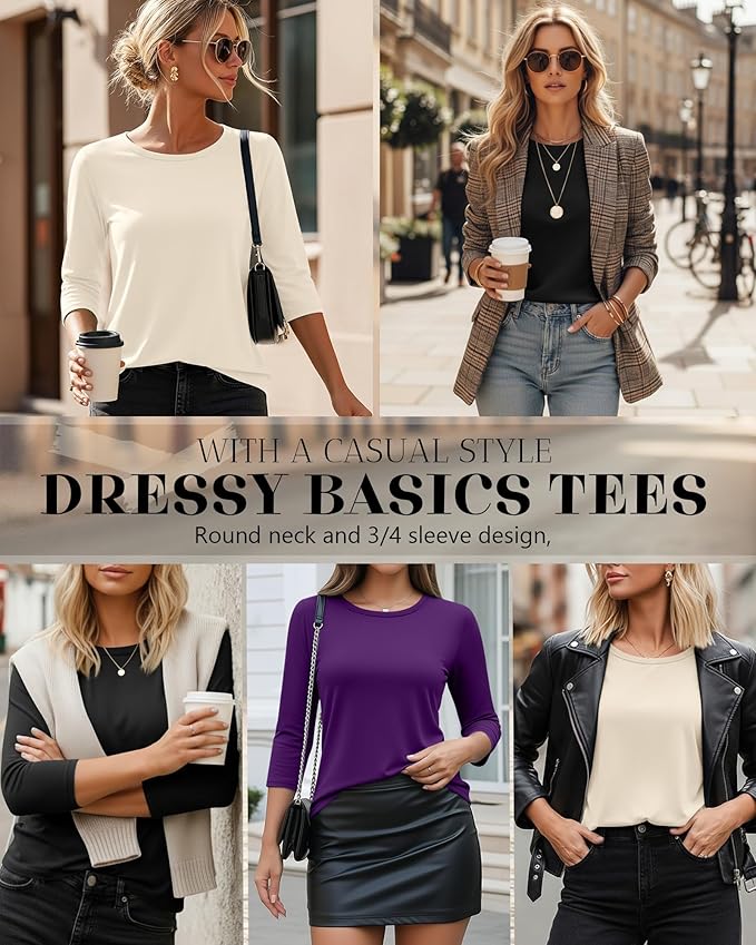 Ficerd 3 Pack 3/4 Sleeve Tops for Women Round Neck Dressy Basics Tees Casual Trendy Loose Fit T Shirts