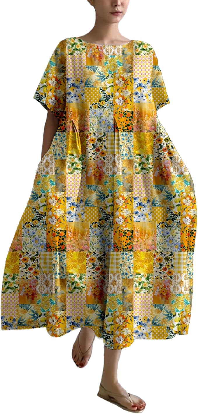 MARSVOVO Patchwork Flowy Dresses for Women Plus Size Loose Casual Tunic Dress Elegant Crewneck Maxi Dresses with Pockets