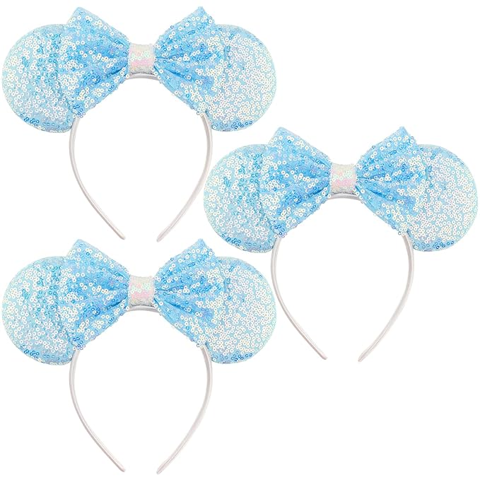 LIHELEI Mouse Ears Headband for Princess, Blue Cinderella Elsa Headbands for Halloween Costume, Sequin Bows Headwear Hair Accessories for Women -Light Blue