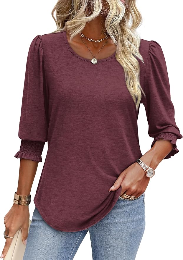 XIEERDUO Blouses for Women Dressy Casual 3/4 Length Sleeve Womens Tops with Smocked Cuffs