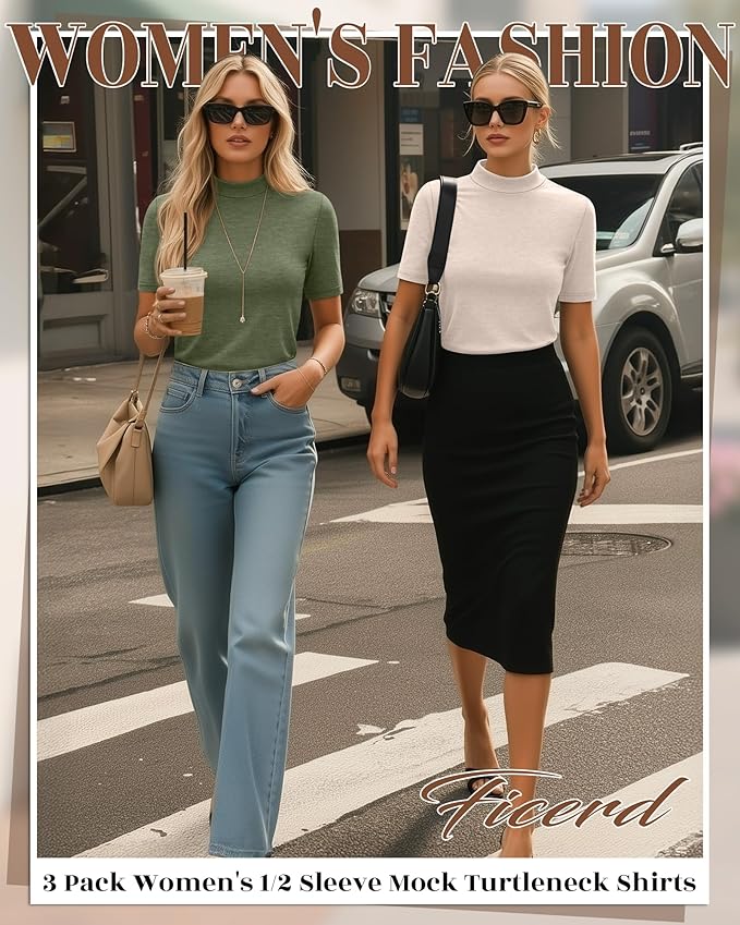 Ficerd 3 Pack Women's 1/2 Sleeve Mock Turtleneck Shirts, Elbow Length Shirt Half Sleeve Tunic Top Casual Summer Basic Tees