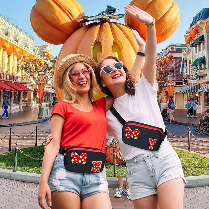 Chenille Initial Letter Bow Mouse Fanny Pack, Waterproof Park Crossbody Bag Christmas Birthday Gifts for Teen Girls Daughter Women Kids Adults, Cute Belt Bag Must Haves for Park Travel (T, Black)