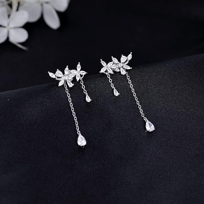 SLUYNZ 925 Sterling Silver CZ Flowers Wrap Dangle Chain Earrings - Elegant Bridal Wedding Engagement Drop Earrings
