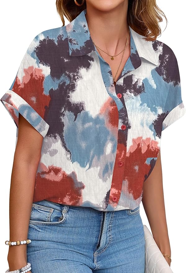Womens Button Down Shirt Casual Short Sleeve Collared Work Blouse with Pocket