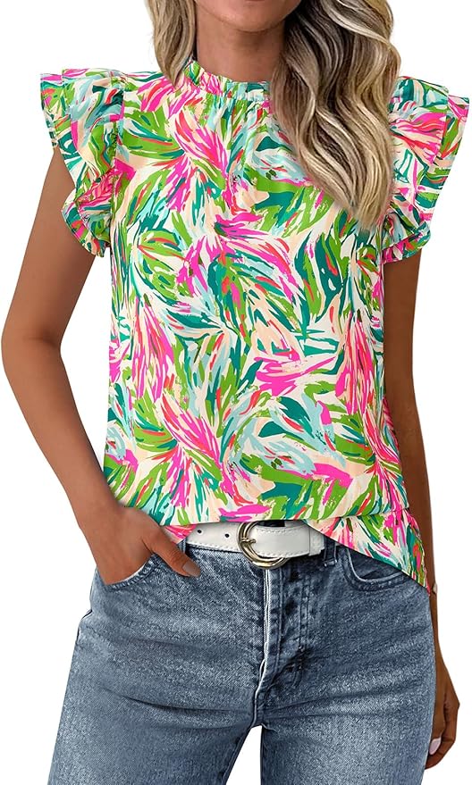 PRETTYGARDEN Women's Ruffle Short Sleeve Summer Tops 2026 Trendy Floral Trim Neck Casual Dressy Chiffon Boho Blouses Shirts