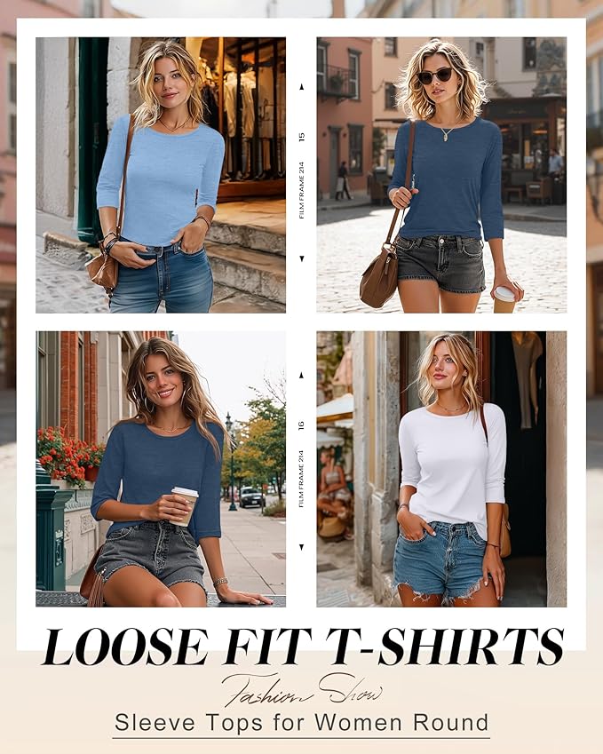 Ficerd 3 Pack 3/4 Sleeve Tops for Women Round Neck Dressy Basics Tees Casual Trendy Loose Fit T Shirts