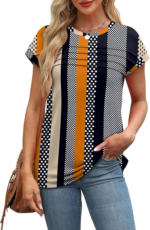 WEESO Womens Summer Tops Trendy 2026 Cap Sleeve T Shirts Crew Neck Pleated Front Beach Vacation Clothes Fashion