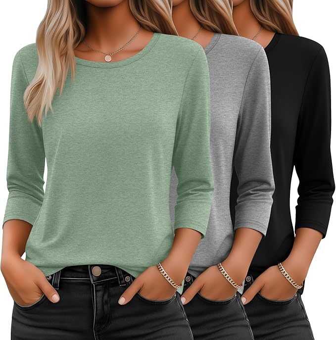 Ficerd 3 Pack 3/4 Sleeve Tops for Women Round Neck Dressy Basics Tees Casual Trendy Loose Fit T Shirts