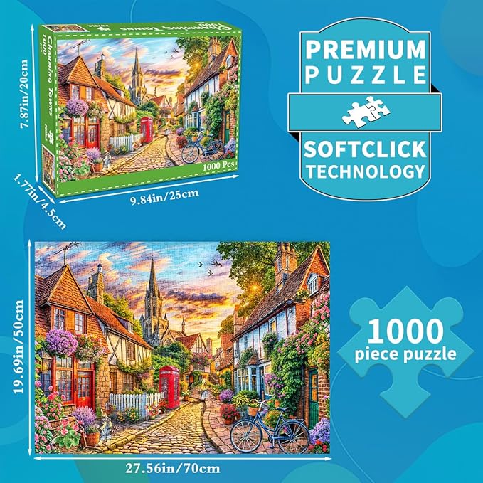 Jigsaw Puzzles for Adults 1000 Piece Puzzle for Adults 1000 Pieces Puzzle 1000 Pieces-Charming European Town with Cobblestone streetscape