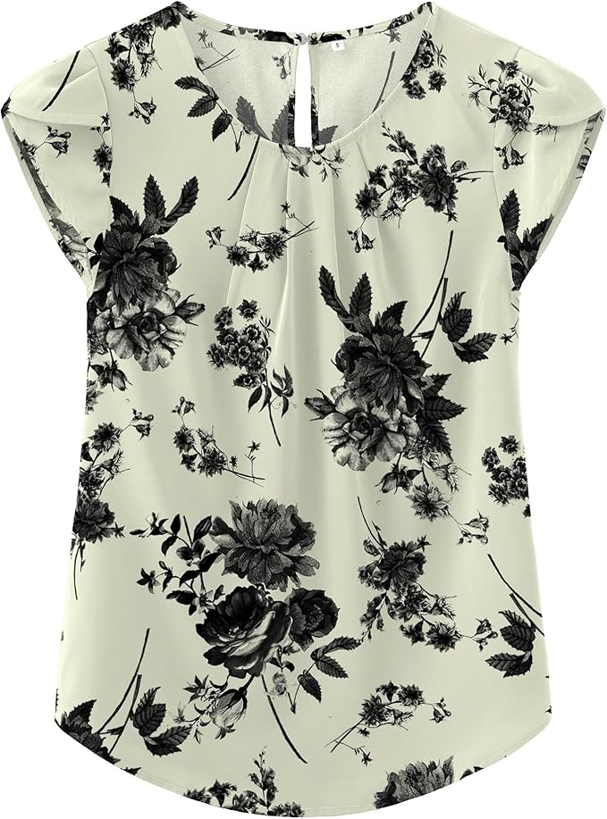 TASAMO Women's Casual Round Neck Basic Pleated Top Cap Sleeve Curved Keyhole Back Chiffon Blouse