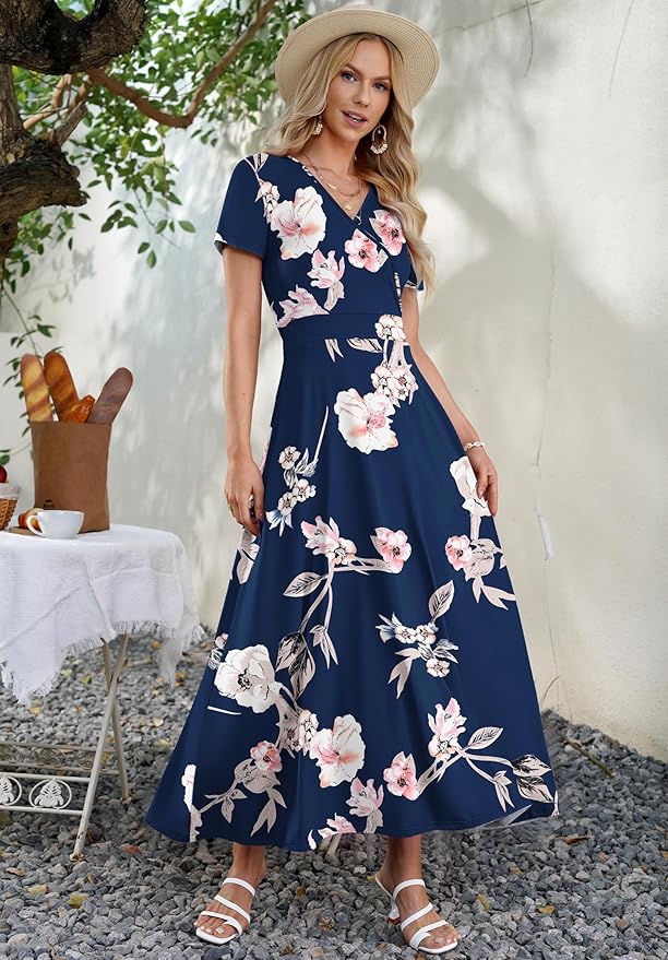 AUSELILY Maxi Dresses for Women Ankle Length Floral Print Beach Long Flowy Dress with Pockets