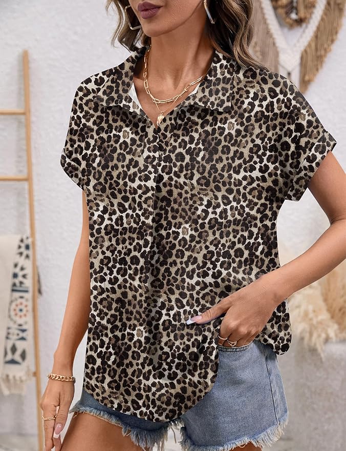 LOMON Women Blouses Spring Summer Tops for Women 2026 Short Sleeve V Neck Dressy Casual Collared Shirts Work Office
