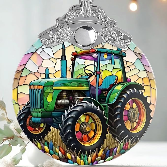 Jocidea Christmas Ornament, Tractor Christmas Decor, Tractor Ornaments for Christmas Tree, Stained Glass Ornament, Tractor Gifts, Holiday Decorations and Xmas Gifts Ideas
