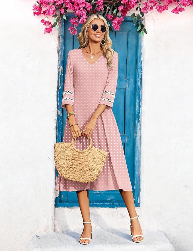 Zeagoo Women's Dresses 3/4 Sleeve Summer Casual V-Neck A Line Flowy Eyelet Midi Dress for Women Beach Vacation Sundress
