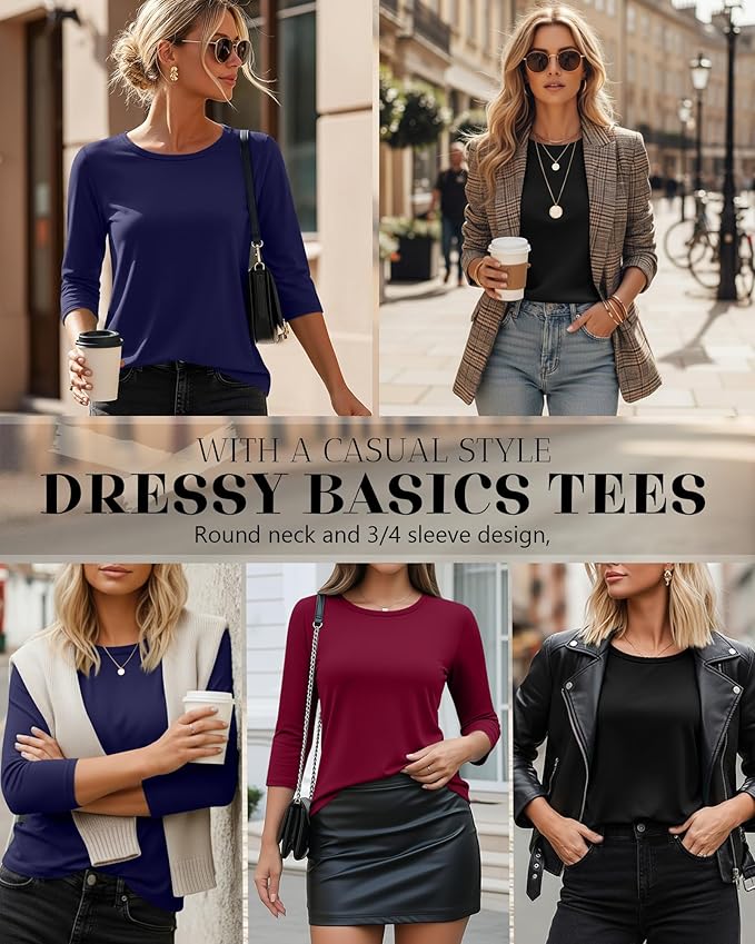 Ficerd 3 Pack 3/4 Sleeve Tops for Women Round Neck Dressy Basics Tees Casual Trendy Loose Fit T Shirts