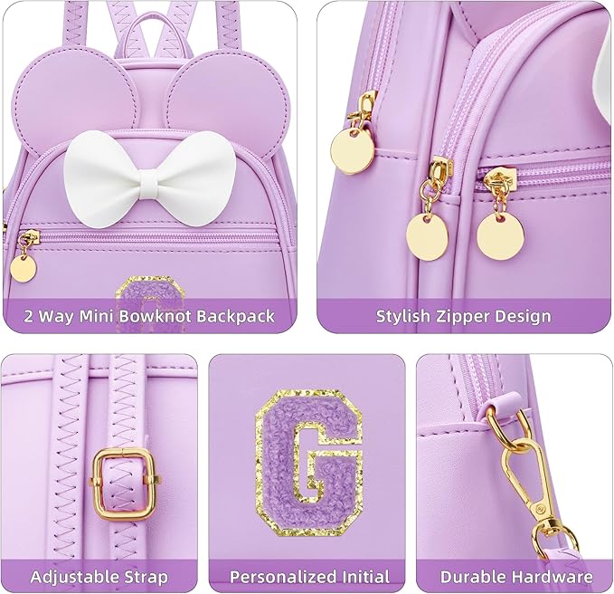 KKXIU Girls Initial Bowknot Cute Mini Backpack for Toddler, Travel Small Girl Backpacks, Personalized Valentine's Day Gifts for Little Girls and Kids(G, Purple)