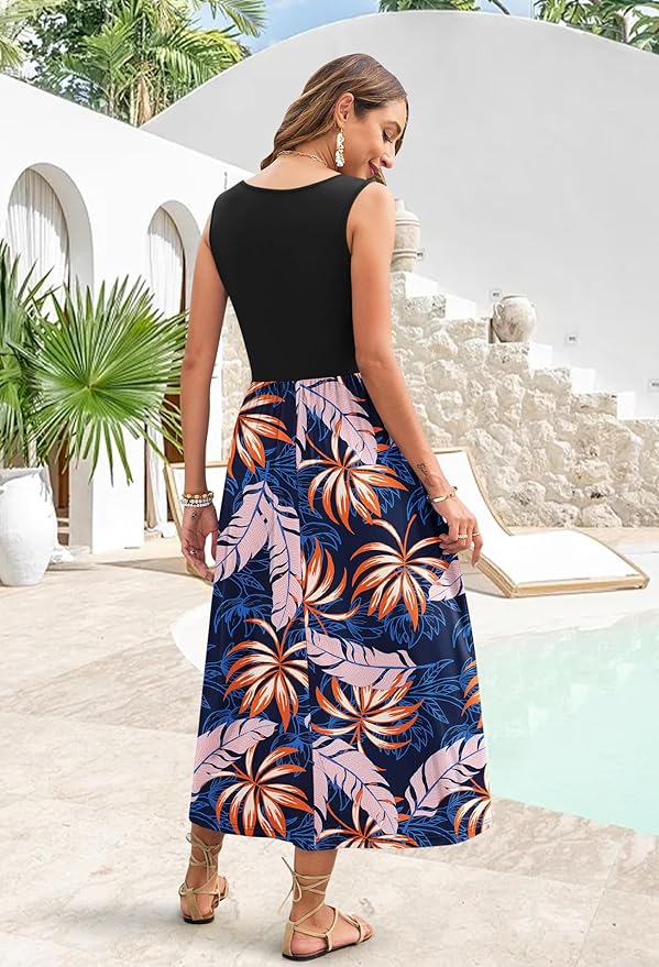 WNEEDU Women's Summer Maxi Dress 2026 Casual Sleeveless Hawaiian Sundress Tropical Long Dress Beach Vacation Outfit