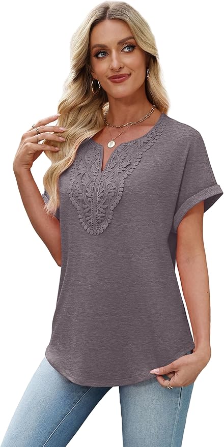 Sipaya Womens Blouses Dressy Casual Summer Shirts Short Sleeve Lace Front Boho Tunic Tops for Leggings Fashion Clothes