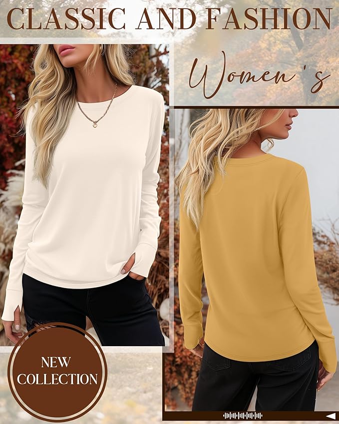 Huukeay 3 Pack Women's Long Sleeve Shirts with Thumb Holes, Cotton Casual Crew Neck Tunic Tops Fall Loose Y2k Trendy Outfits