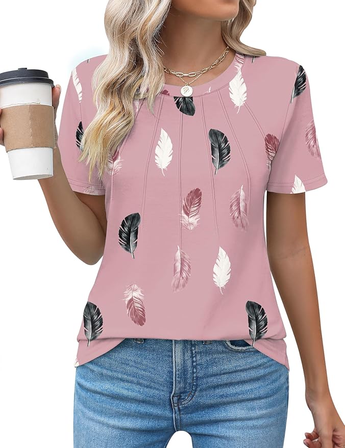 Kistore Womens Casual Crew Neck Short Sleeve Pleated Tops Blouses Fashion Clothes 2026