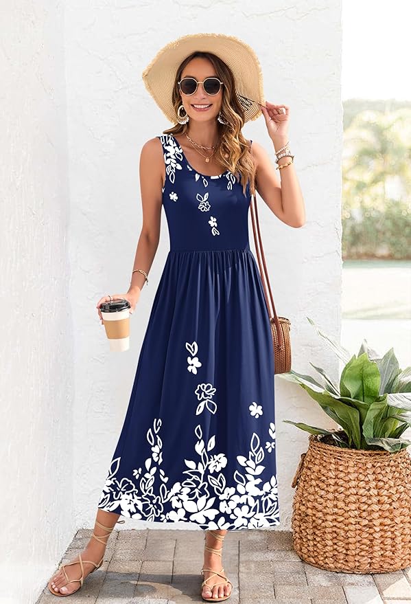 WNEEDU Women's Summer Maxi Dress 2026 Casual Sleeveless Hawaiian Sundress Tropical Long Dress Beach Vacation Outfit