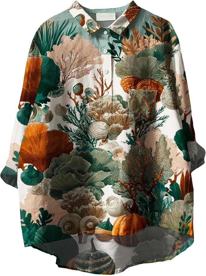 Womens Boho Tops 3/4 Long Sleeve Floral Blouses Hawaii Beach Button Down Shirts V Neck Pullover Casual Tunics