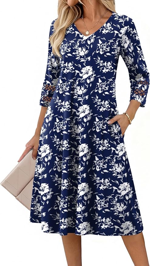 Zeagoo Women's Dresses 3/4 Sleeve Summer Casual V-Neck A Line Flowy Eyelet Midi Dress for Women Beach Vacation Sundress