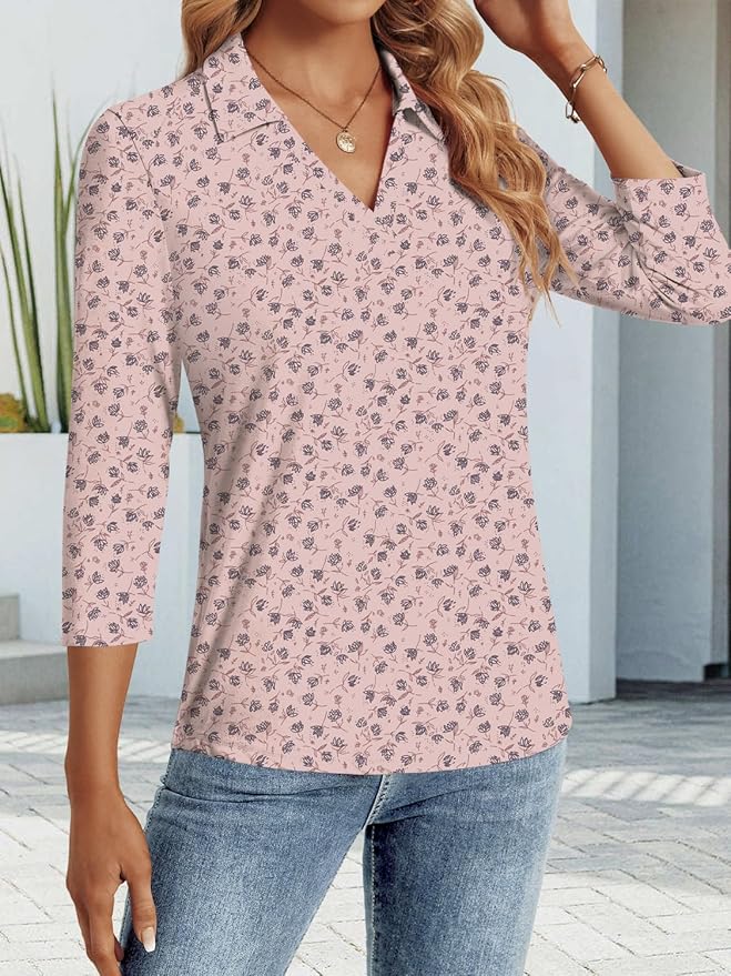 3/4 Length Sleeve Womens Tops Dressy Casual V Neck Polo Shirts Business Work Blouses 2025 Trendy Tunic Top