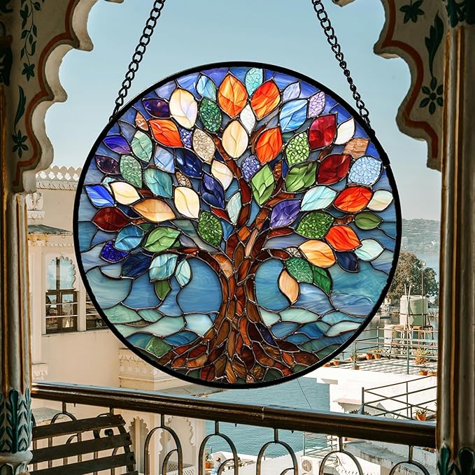 Stained Glass Window Hanging, Colorful Tree of Life Sun Catchers Glass Panel Blue Suncatcher Decor for Birthday for Women, Men, Wife, Aunt, and Mom 14.9x14.9 in