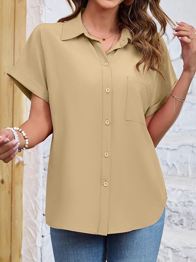 Womens Button Down Shirt Casual Short Sleeve Collared Work Blouse with Pocket