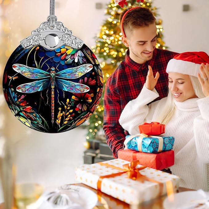 Jocidea Christmas Dragonfly Ornament - Stained Glass Decor for Tree, Holiday Decorations and Xmas Gift Ideas