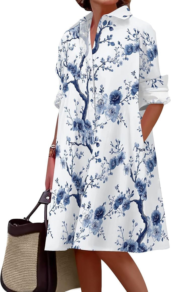 Shirt Dresses for Women 2025 Summer Long Sleeve Casual Plus Size Floral Printed Beach Vacation Dress with Pockets