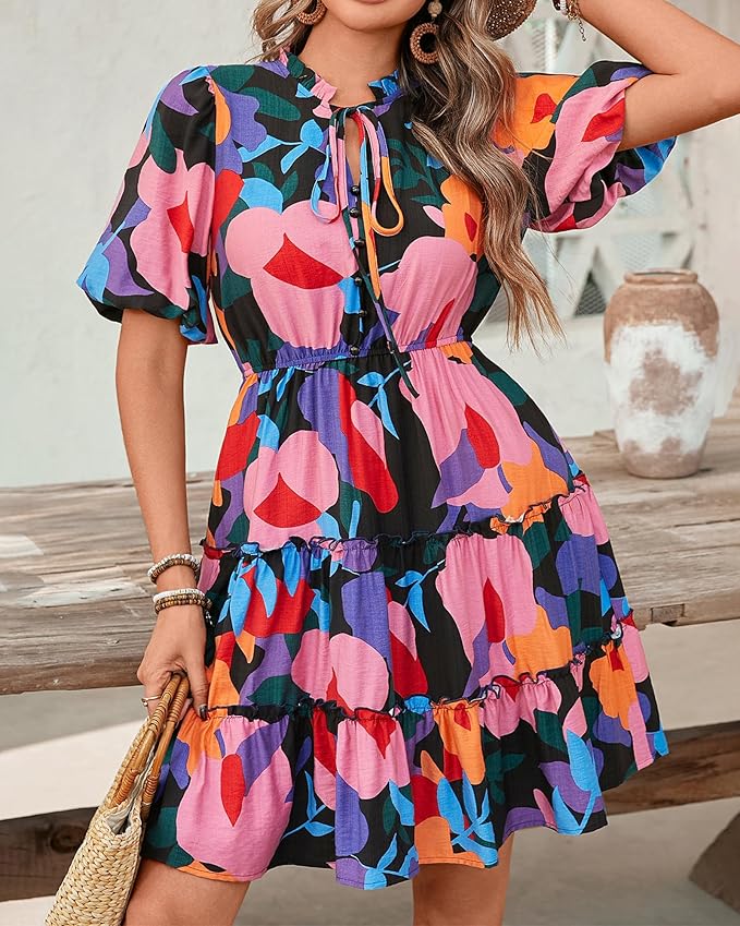 BTFBM Women Summer Floral Short Dresses V Neck Short Sleeve Tiered Ruffle Boho Swing Dress A-Line Mini Dresses