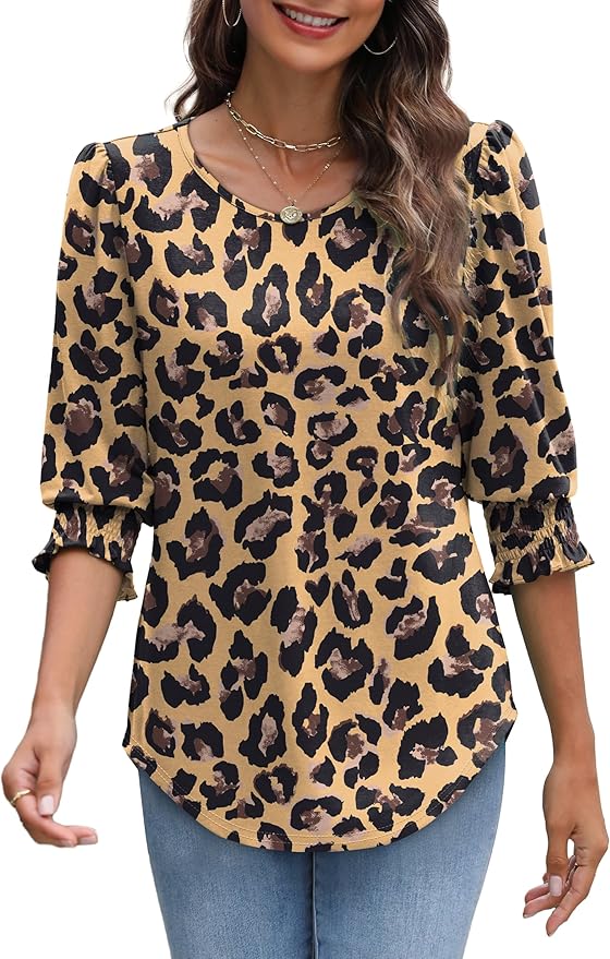 XIEERDUO Blouses for Women Dressy Casual 3/4 Length Sleeve Womens Tops with Smocked Cuffs