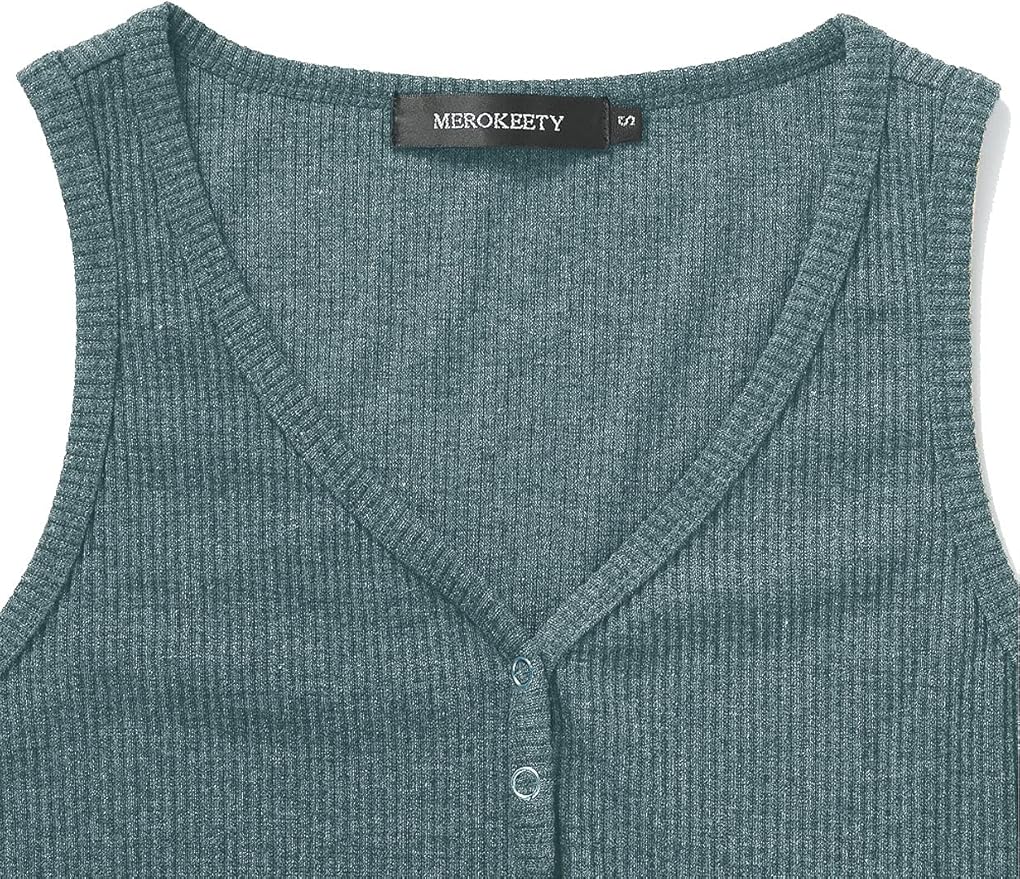 MEROKEETY Women's 2026 Summer Sleeveless Tank Tops V Neck Ribbed Dressy Casual Henley Shirts Button Loose Cami Tees